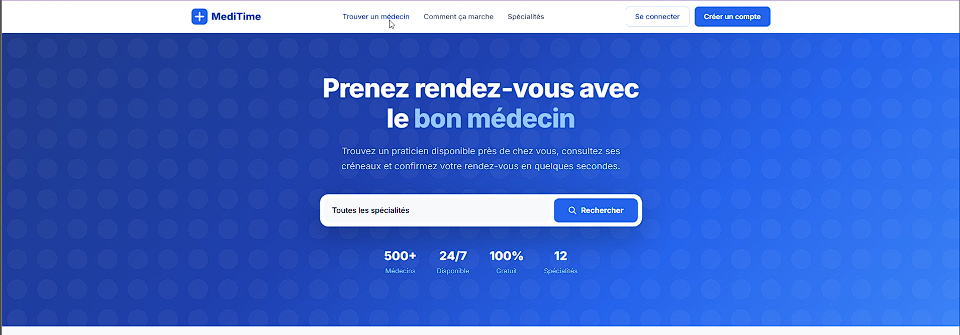 MediTime — hero section de la plateforme médicale